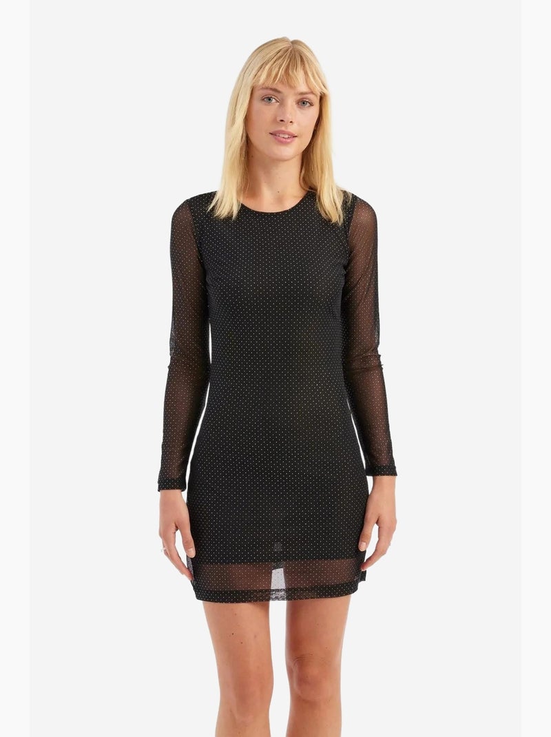 Minivestido de manga larga con cuello redondo de malla y adornos de piedras hiccup Negro - Kiabi