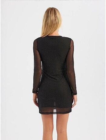 Minivestido de manga larga con cuello redondo de malla y adornos de piedras