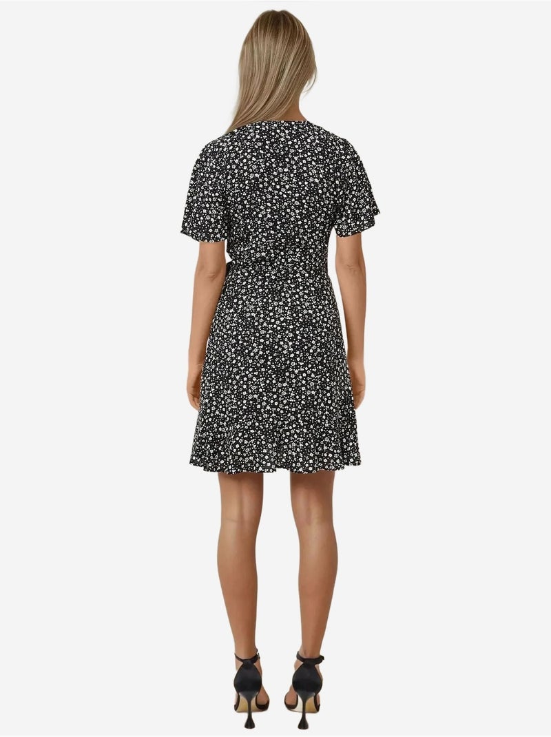 Minivestido de viscosa con cuello en v y estampado de flores ditsy hiccup Negro - Kiabi