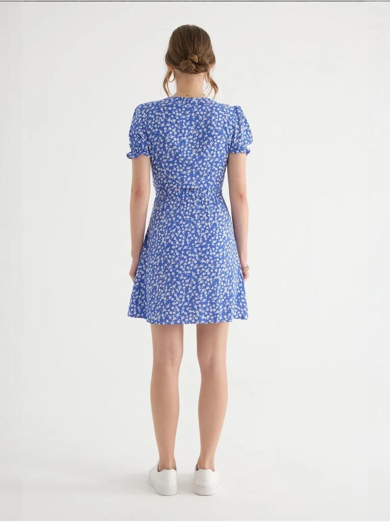 Minivestido floral con cuello cruzado, mangas abullonadas y cordón ajustable hiccup Azul - Kiabi