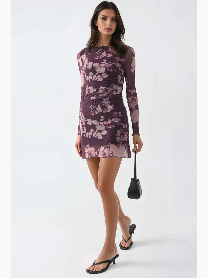 Minivestido floral con mangas largas de busem Violeta berenjena - Kiabi