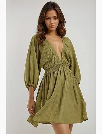 Minivestido texturizado con escote en v y mangas largas hiccup