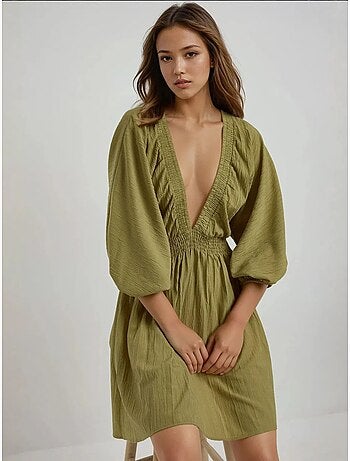 Minivestido texturizado con escote en v y mangas largas hiccup