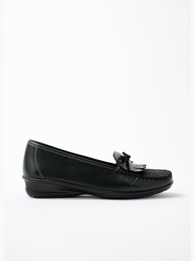 Mocasines cuña de piel con trabilla con flecos - Afibel Negro - Kiabi