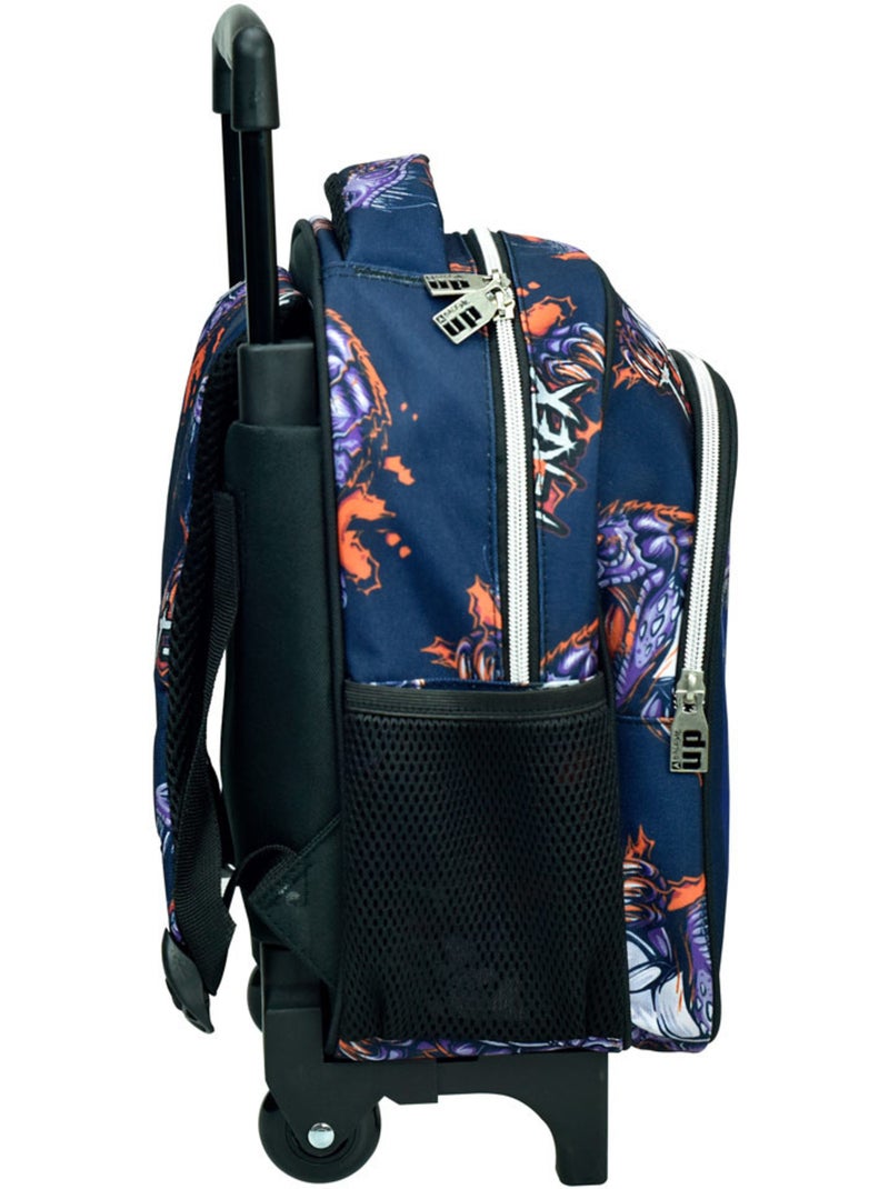 Mochila con ruedas con motivo t-rex de tejido Azul marino/Naranja fluorescente - Kiabi