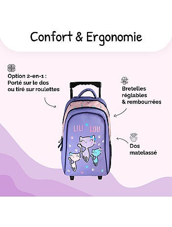 Mochila con ruedas niña Lili Lou violeta y rosa 2 compartimentos