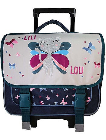 Mochila escolar con ruedas niña Lili Lou 38 cm beige y azul 2 compartimentos