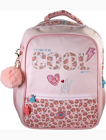 Mochila escolar niña KIP Graou 2 compartimentos rosa estampado leopardo