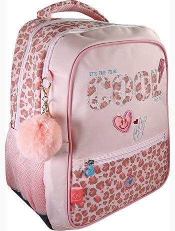 Mochila escolar niña KIP Graou 2 compartimentos rosa estampado leopardo