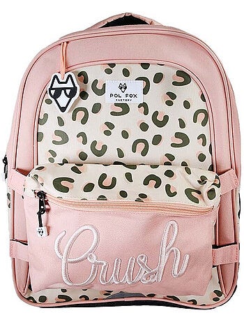 Mochila escolar niña POL FOX CRUSH reversible 2 compartimentos rosa estampado leopardo