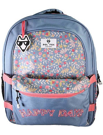 Mochila escolar niña POL FOX HAPPY JEAN reversible 2 compartimentos azul marino motivo flor