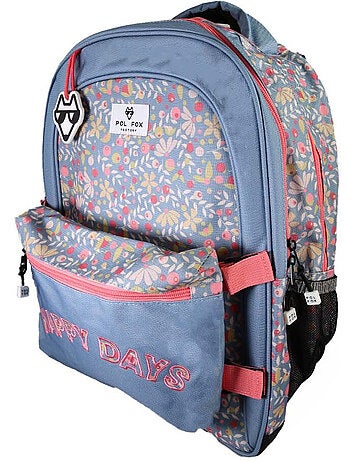 Mochila escolar niña POL FOX HAPPY JEAN reversible 2 compartimentos azul marino motivo flor