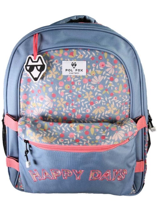 Mochila escolar niña POL FOX HAPPY JEAN reversible 2 compartimentos azul marino motivo flor - Kiabi Mochila escolar niña POL FOX HAPPY JEAN reversible 2 compartimentos azul marino motivo flor - Kiabi