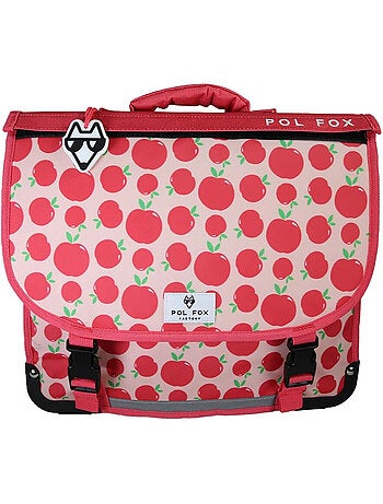 Mochila escolar niña POL FOX POMPOM 38 cm reversible 2 compartimentos rosa y rojo motivo manzana