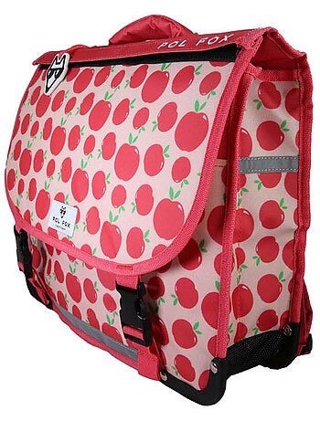 Mochila escolar niña POL FOX POMPOM 38 cm reversible 2 compartimentos rosa y rojo motivo manzana