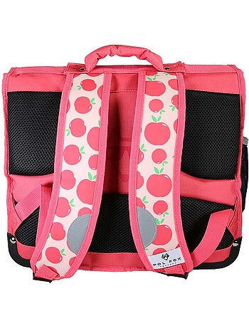 Mochila escolar niña POL FOX POMPOM 38 cm reversible 2 compartimentos rosa y rojo motivo manzana