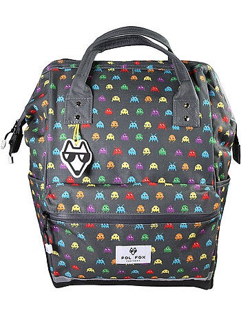 Mochila escolar niño 1 compartimento POL FOX Space Invader gris motivo extraterrestre gaming