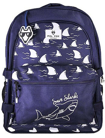 Mochila escolar niño POL FOX SHARK reversible 2 compartimentos azul marino motivo tiburón