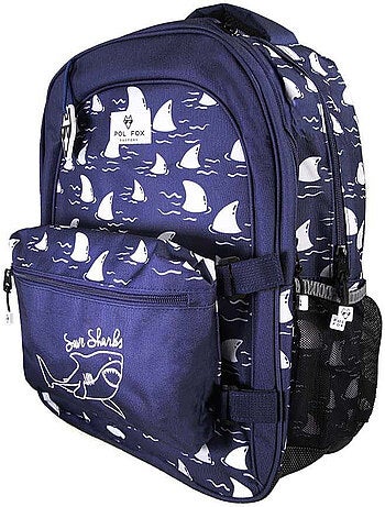 Mochila escolar niño POL FOX SHARK reversible 2 compartimentos azul marino motivo tiburón