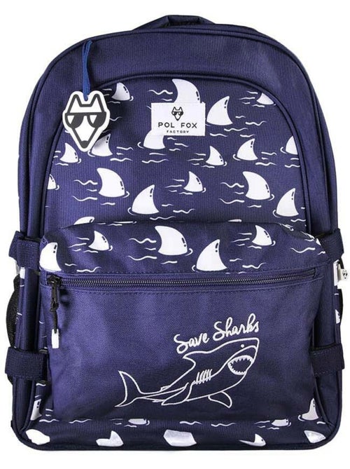 Mochila escolar niño POL FOX SHARK reversible 2 compartimentos azul marino motivo tiburón - Kiabi