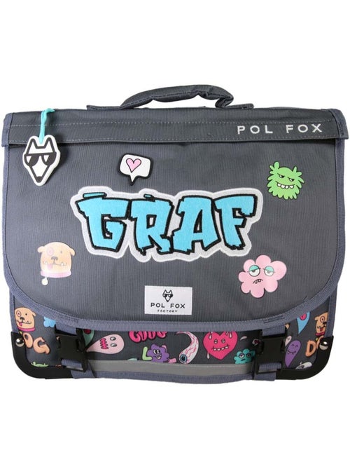 Mochila escolar niño POL FOX STREET ART 38 cm reversible 2 compartimentos gris motivos grafiti - Kiabi