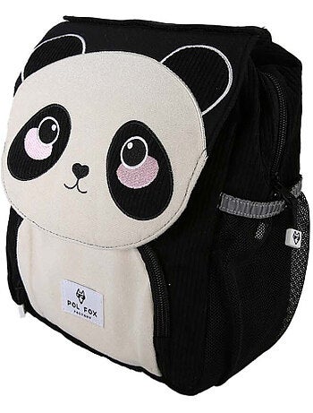 Mochila infantil niña pol fox panda reversible para preescolar - negro y blanco