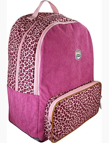 Mochila niña French Disorder de terciopelo 2 compartimentos estampado leopardo rosa