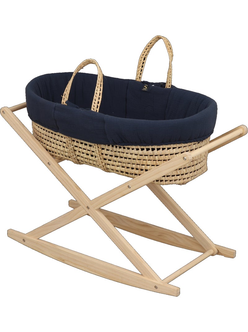 Moisés de fibra natural y funda de tela con soporte de pino - SAUTHON Azul Blanco - Kiabi