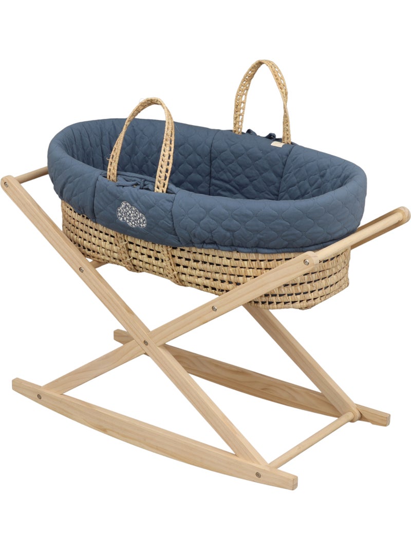 Moisés de fibra natural y funda de tela con soporte de pino - SAUTHON Azul - Kiabi