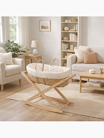Moisés de fibra natural y funda de tela con soporte de pino - SAUTHON