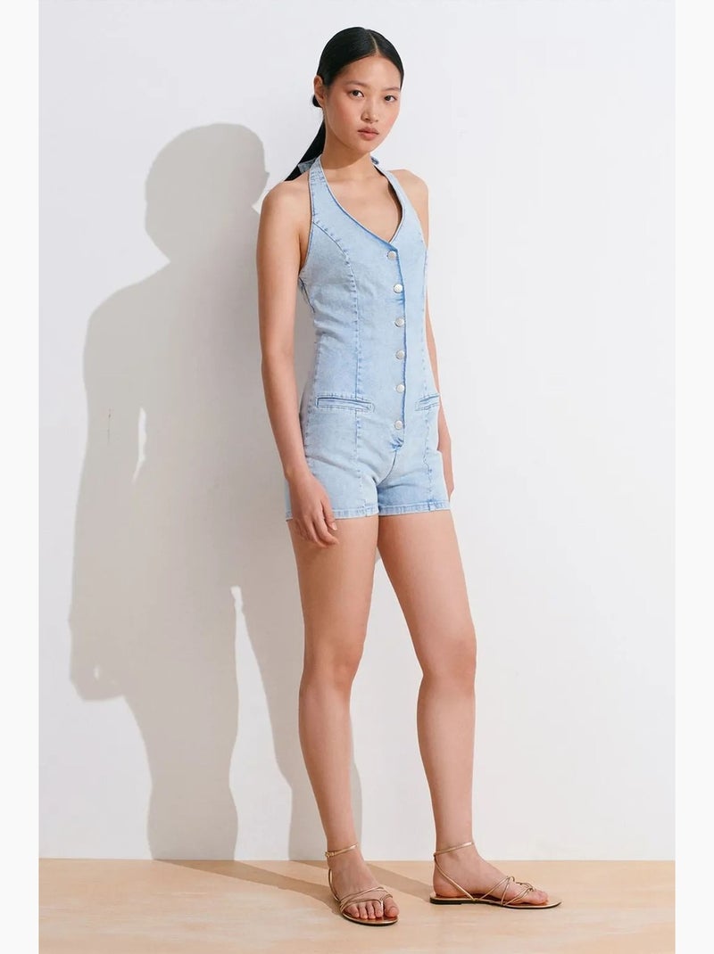 Mono corto de denim con cuello halter slim fit dilvin Azul claro - Kiabi