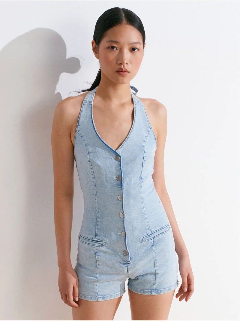 Mono corto de denim con cuello halter slim fit dilvin Azul claro - Kiabi