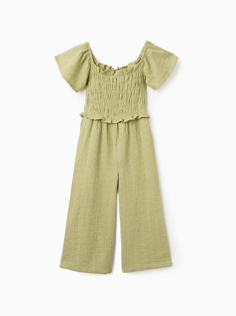 Mono de algodón de pierna ancha con bordado inglés Verde claro - Kiabi