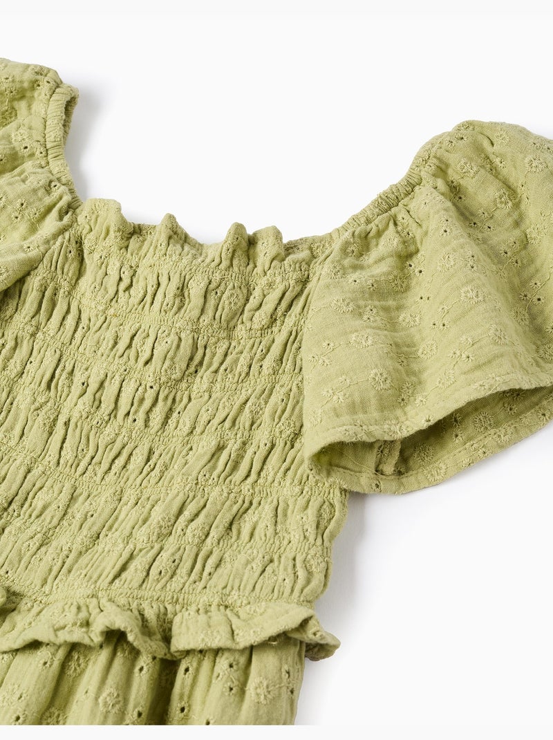 Mono de algodón de pierna ancha con bordado inglés Verde claro - Kiabi