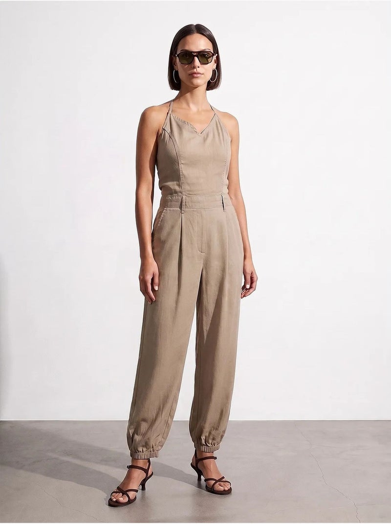 Mono largo de tencel con cuello halter dilvin Beige arcilla - Kiabi