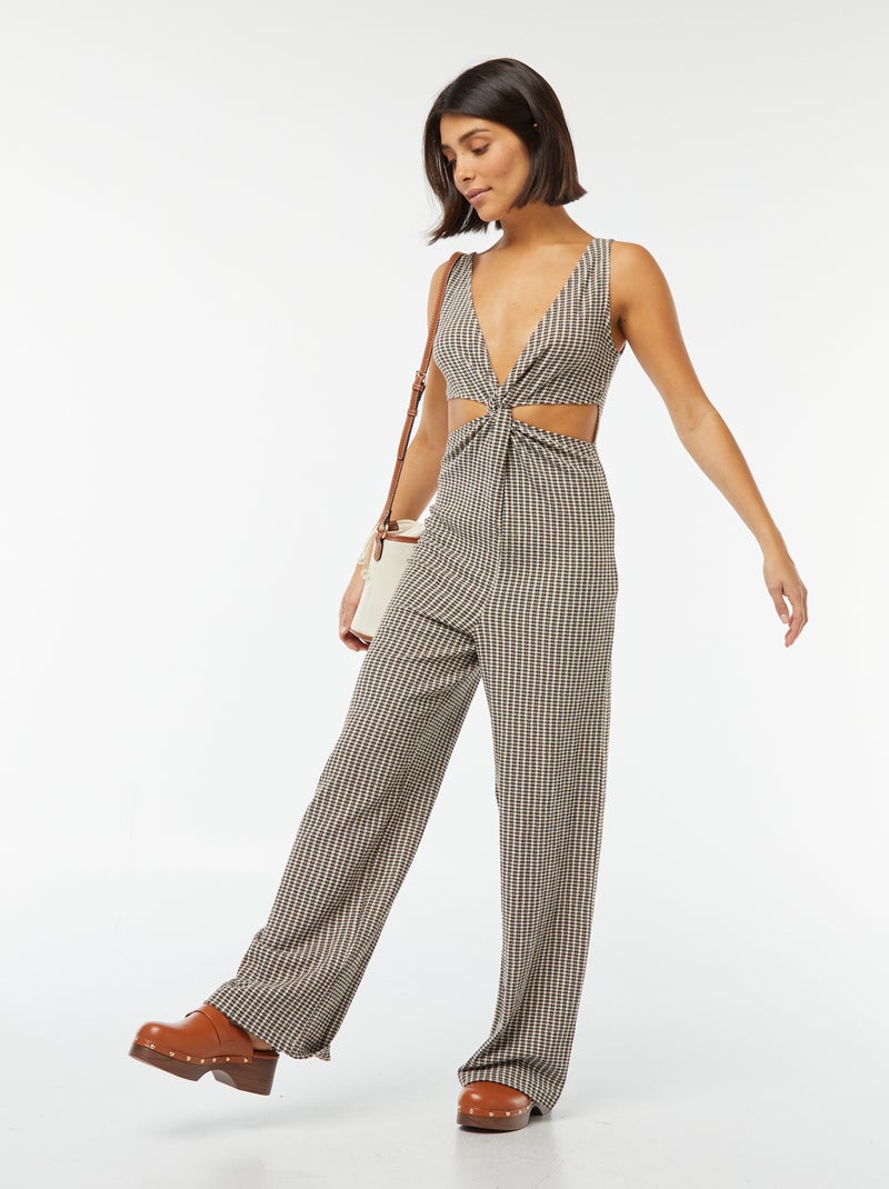 Mono pantalón con lazo de fantasía y aberturas Marron - Kiabi