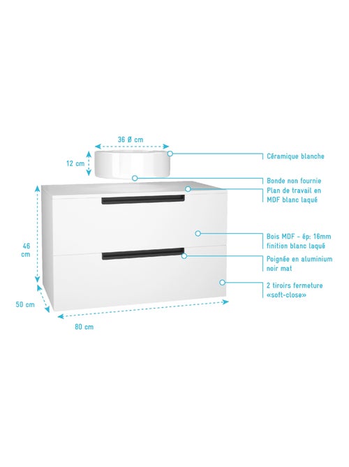 Mueble de baño con 2 cajones y 1 lavabo redondo - Kiabi Mueble de baño con 2 cajones y 1 lavabo redondo - Kiabi