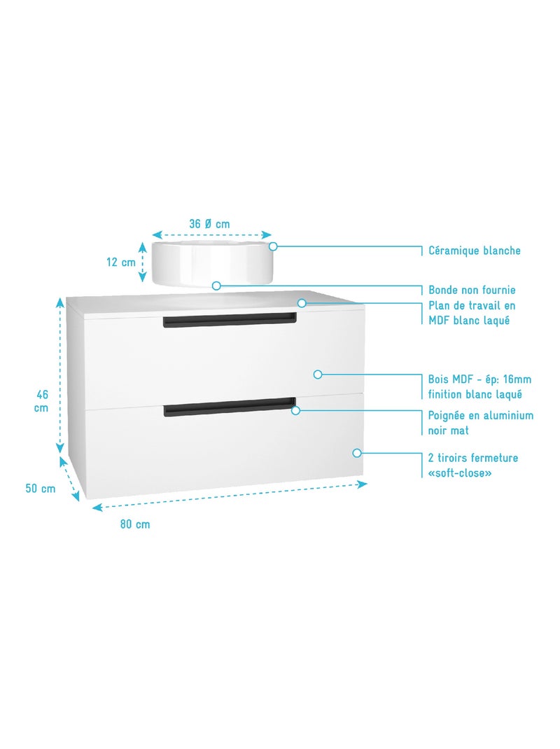 Mueble de baño con 2 cajones y 1 lavabo redondo Blanco - Kiabi