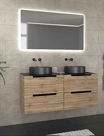 Mueble de baño con 2 lavabos redondos y 1 espejo rectangular LED
