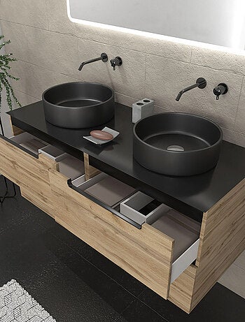 Mueble de baño con 2 lavabos redondos y 1 espejo rectangular LED