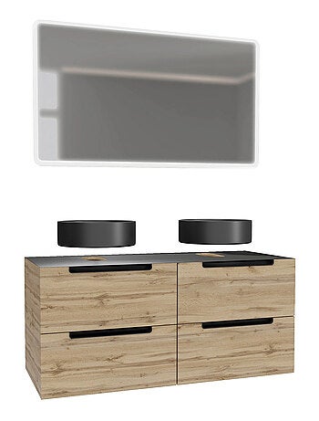 Mueble de baño con 2 lavabos redondos y 1 espejo rectangular LED