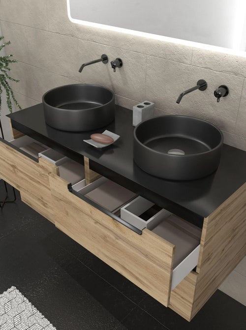 Mueble de baño con 2 lavabos redondos y 1 espejo rectangular LED - Kiabi
