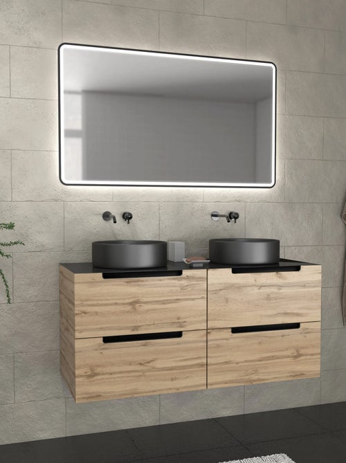Mueble de baño con 2 lavabos redondos y 1 espejo rectangular LED negro - Kiabi