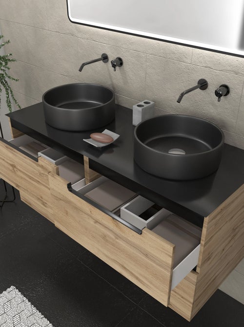 Mueble de baño con 2 lavabos redondos y 1 espejo rectangular LED negro - Kiabi