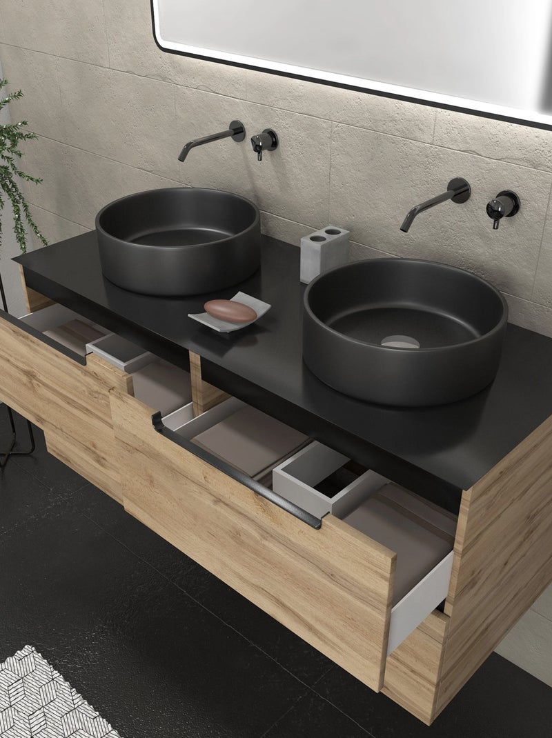 Mueble de baño con 2 lavabos redondos y 1 espejo rectangular LED negro Beige claro - Kiabi