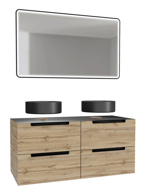 Mueble de baño con 2 lavabos redondos y 1 espejo rectangular LED negro - Kiabi