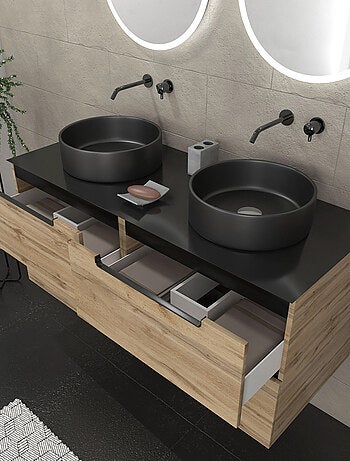 Mueble de baño con 2 lavabos redondos y 2 espejos LED redondos