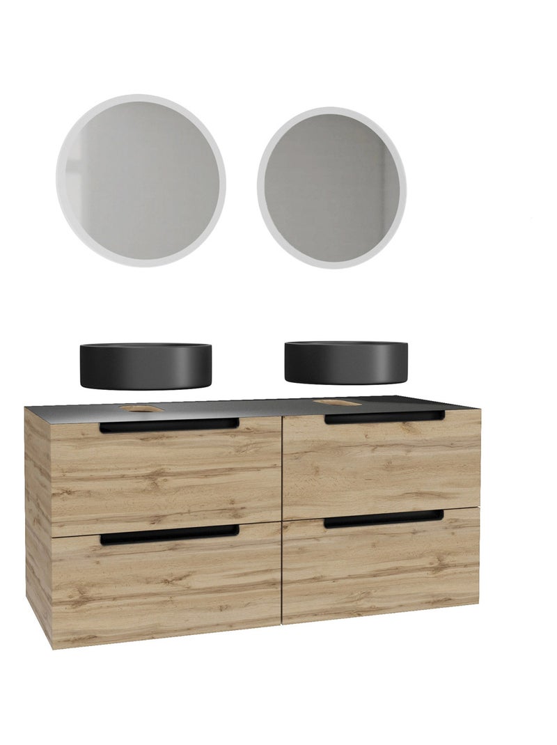 Mueble de baño con 2 lavabos redondos y 2 espejos LED redondos Beige claro - Kiabi