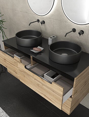 Mueble de baño con 2 lavabos redondos y 2 espejos redondos led negros