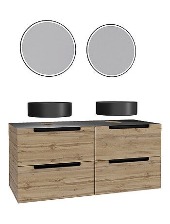 Mueble de baño con 2 lavabos redondos y 2 espejos redondos led negros